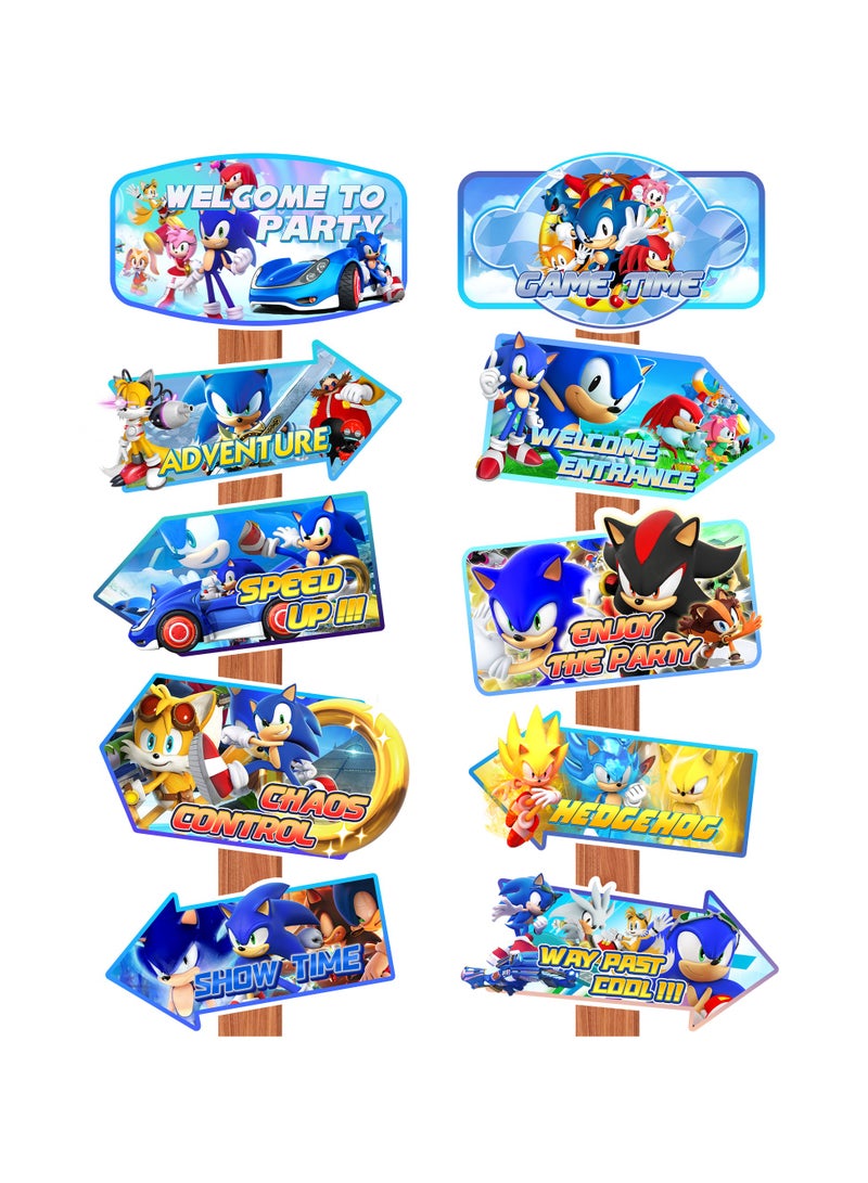ILovhaprty Sonic Birthday Party Direction Signs Decorations, 20pcs Sonic Paper Road Sign Set with Stakes, Welcome & Game Theme Party Yard Signs for Kids Sonic Birthday Party Supplies - Image 1